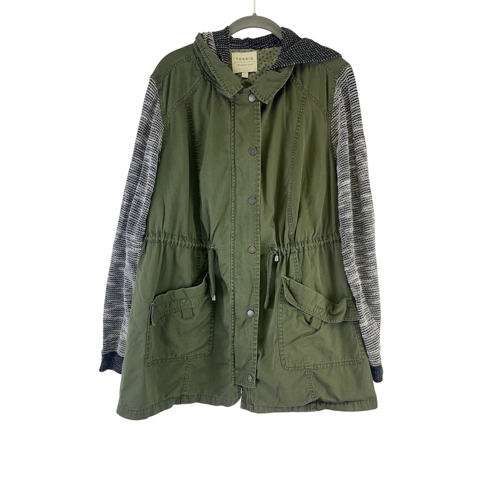 Torrid Utility Jacket Olive Green Military Knit Sleeves Hooded Zip Women 2X